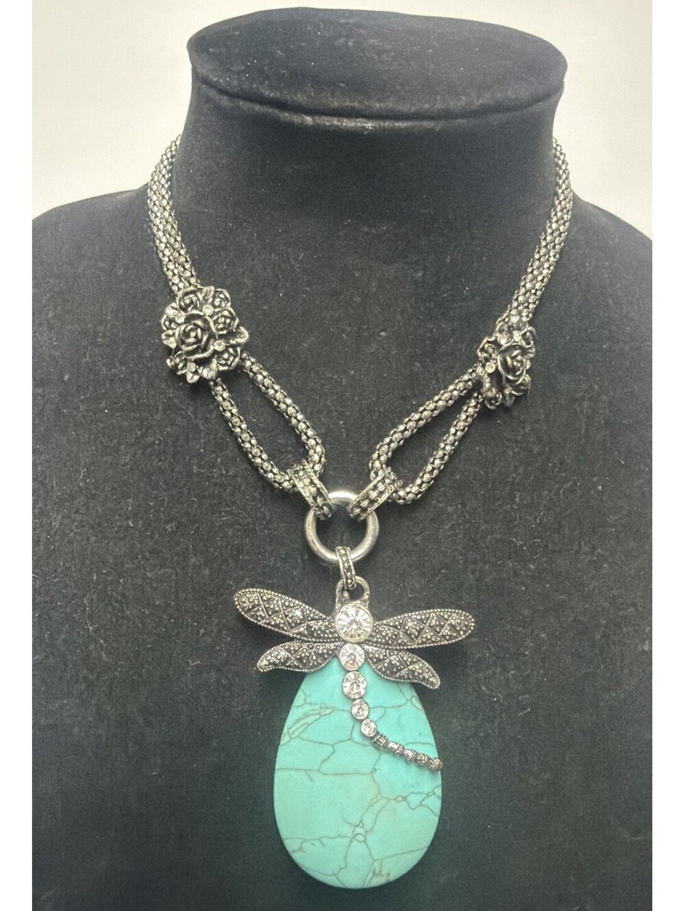 Vintage Dragonfly Large Faux Turquoise Tear Drop Choker Chunky Silver Tone